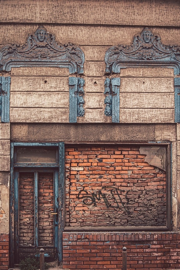grunge, facade, abandoned, house, door, window, bricks, architecture, wall, brick
