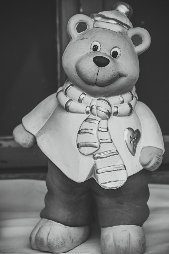 teddy bear toy, black and white, porcelain, vintage, nostalgia, art, monochrome, doll, figurine, sculpture