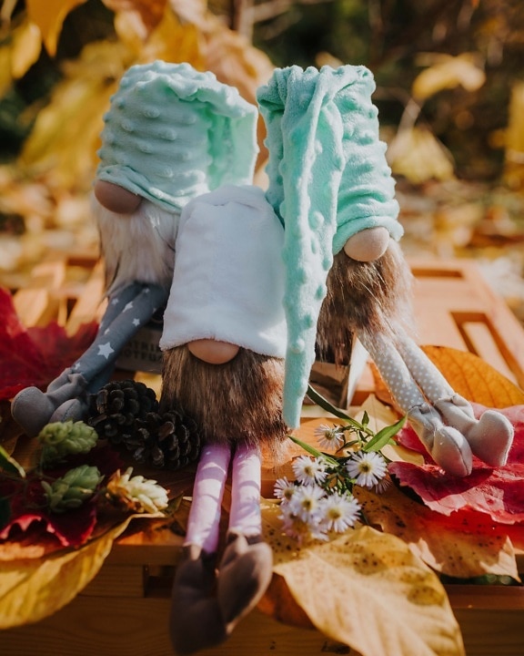 anão, pelúcia, brinquedos, decorativos, bonecos, perto, em miniatura, detalhes, brinquedo, estação Outono