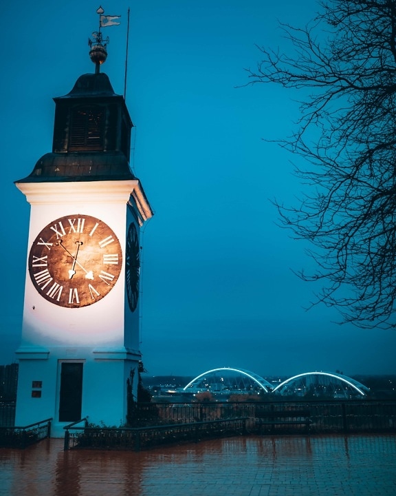 Novi Sad, Ptrovaradin fortress, landmark, tower, analog clock, panorama, evening, tourist attraction, cityscape