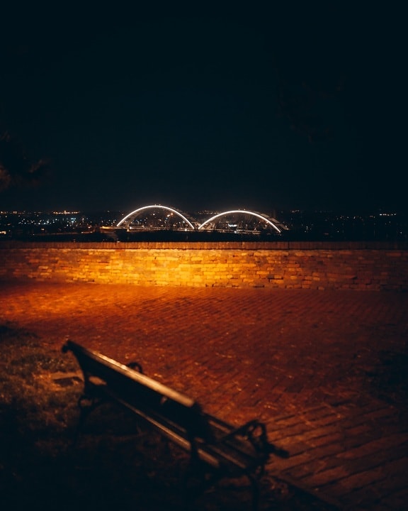 Stadtregion, Stadtbild, Panorama, Pflaster, leere, beleuchtet, Brücke, Licht, Abend, Seebrücke