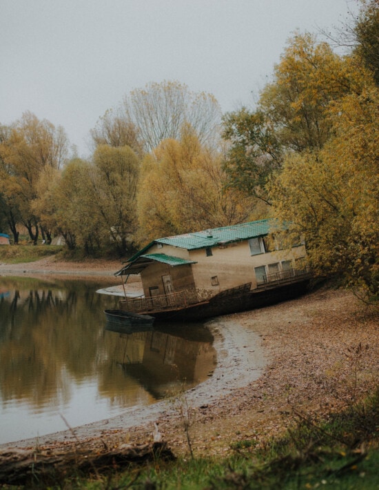 lakeside, abandoned, boathouse, shed, autumn season, decay, derelict, landscape, water, river
