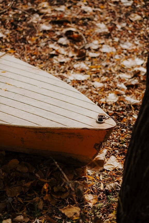 wooden, boat, padlock, chain, iron, autumn, yellow leaves, ground, leaf, outdoors
