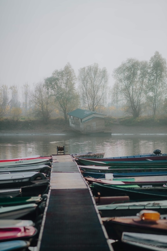 lakeside, foggy, boathouse, harbor, water, river, winter, boat, outdoors, nature