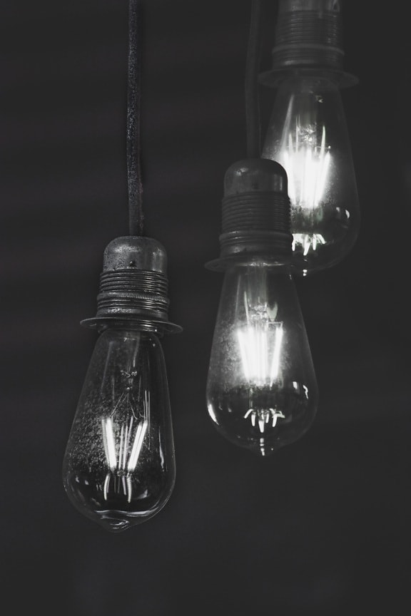 antique, light bulb, three, black and white, monochrome, hanging, wires, electricity, glass, energy