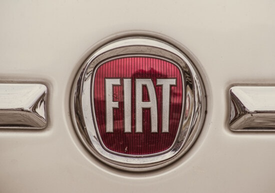 Fiat, teken, schijnend, chroom, metalen, symbool, auto, automotive, symmetrie, reflectie