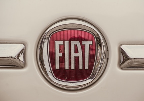 Fiat, teken, schijnend, chroom, metalen, symbool, auto, automotive, symmetrie, reflectie