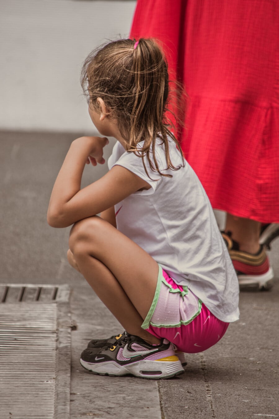 child, girl, cute, street, pretty, young, outdoors, sit, hair, sitting