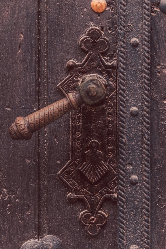 medeltida, dörr, gjutjärn, handtag, mässing, prydnad, konsistens, gamla, Gate, design