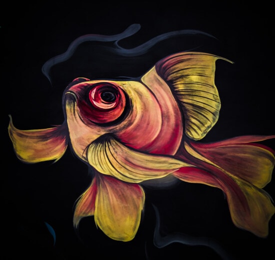 граффити, Золотая рыбка, визуальные, настенная роспись, творчество, оранжевый желтый, искусство, аннотация, сюрреалистический, дизайн