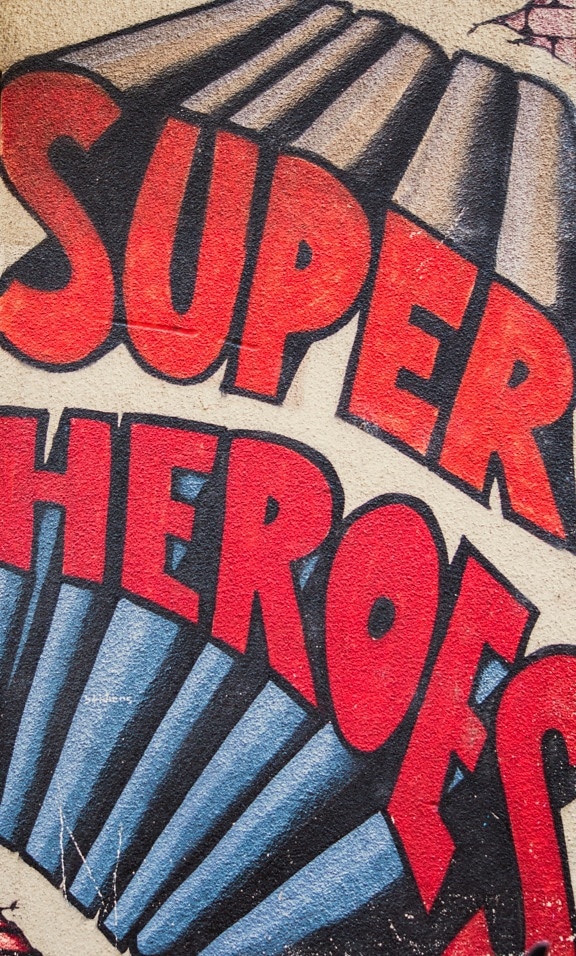 super héros, texte, vintage, graffiti, peinture murale, croquis, rouge foncé, art, illustration, mur