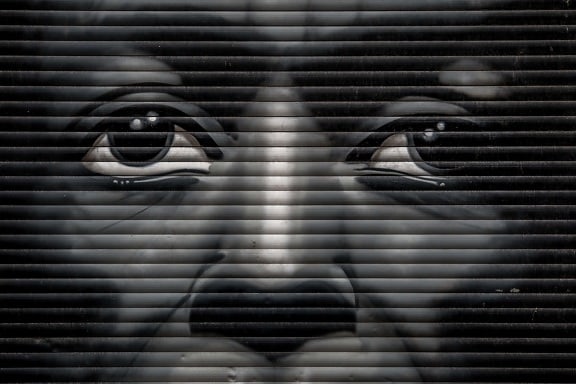 graffiti, portrait, black and white, face, man, close-up, eyes, metallic, texture, pattern