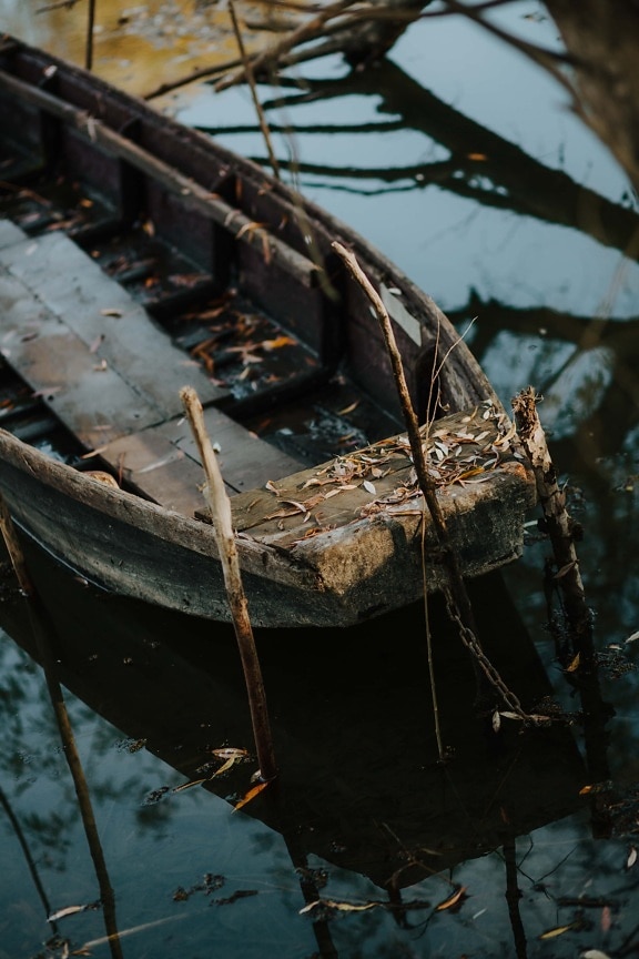 wooden, abandoned, boat, autumn season, water, watercraft, wreck, craft, wood, vehicle