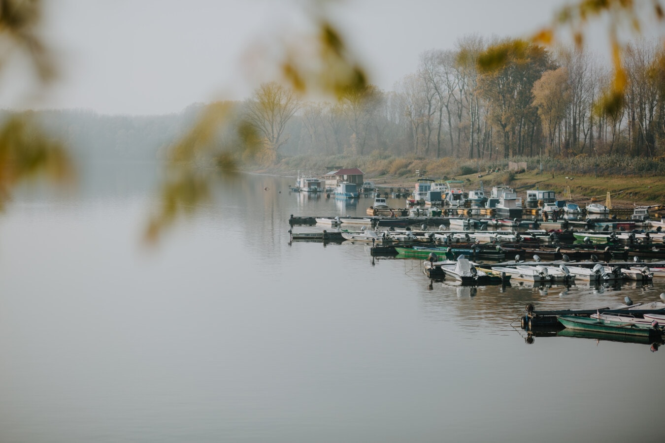 foggy, lakeside, autumn season, harbor, boats, vehicles, river boat, waterfront, water level, calm