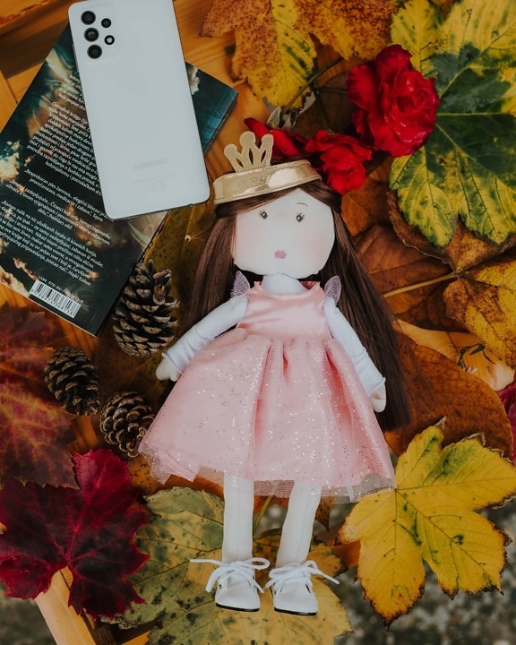 doll, toy, childhood, vintage, book, mobile phone, autumn season, leaf, still life, winter