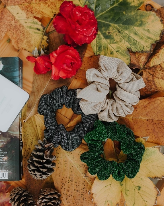 páska, Bavlna, gumička do vlasů, šicí, ručně vyráběné, dekorace, zátiší, list, podzim, listy