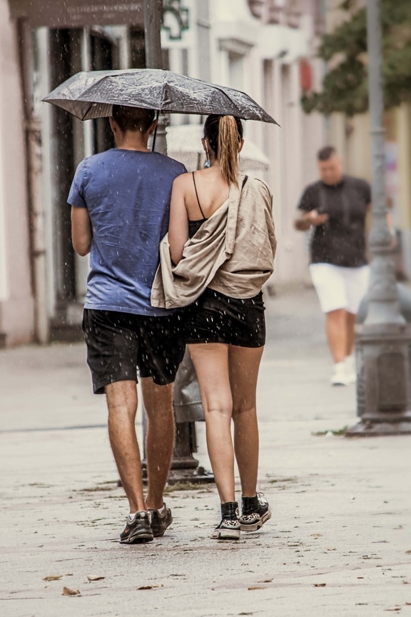 подруга, дождь, дружок, ходьба, зонтик, романтический, улица, женщина, девушка, юбка