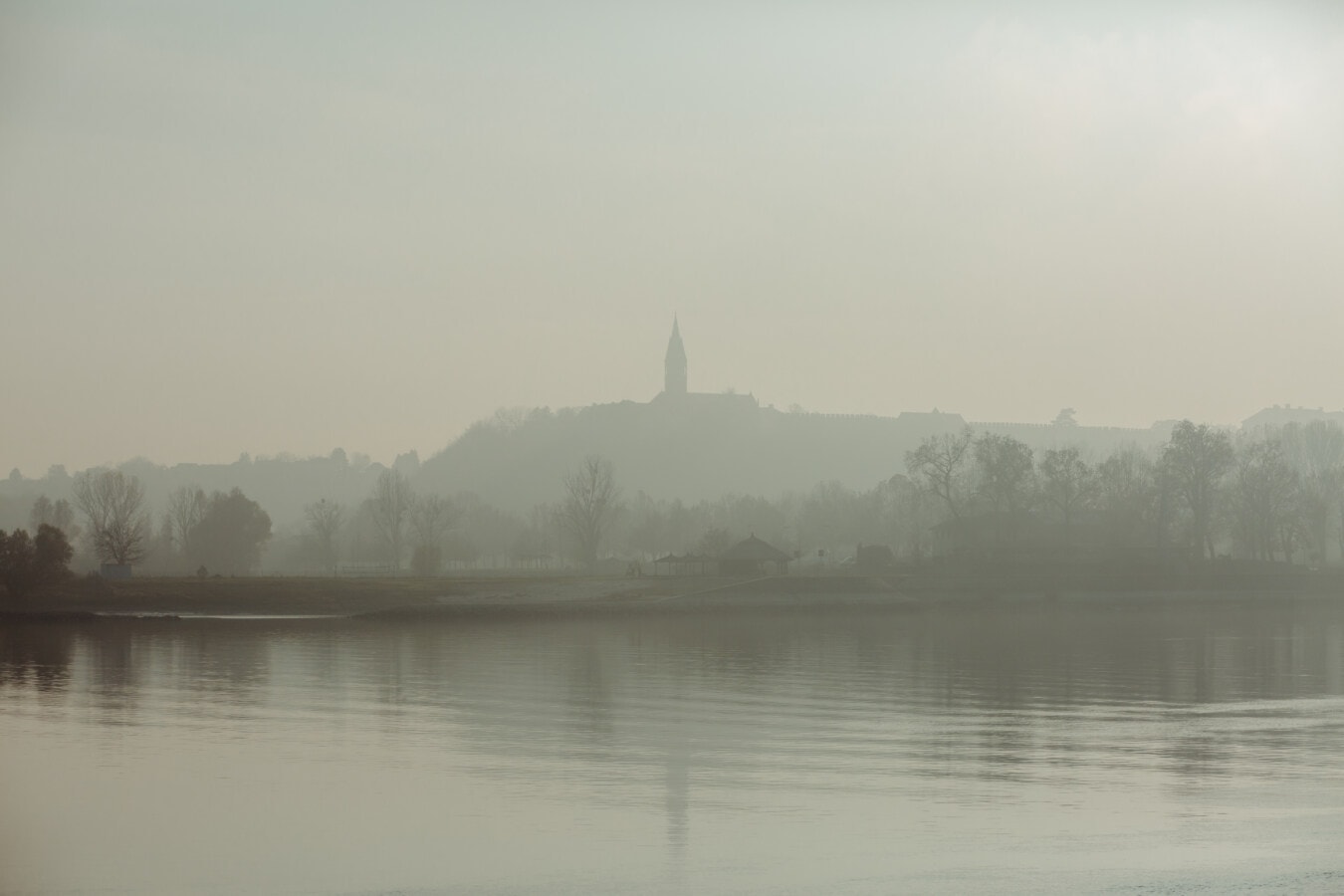 foggy, morning, lakeside, distance, riverbed, church tower, river, basin, fog, lake
