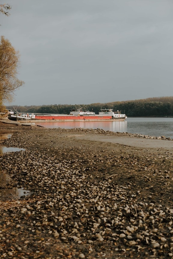 riverbed, barge, riverbank, low tide, ship, water, barrier, nature, seashore, winter