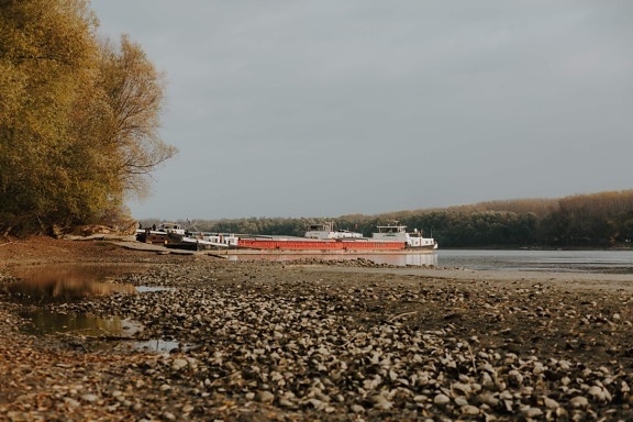 cargo ship, barge, low tide, riverbank, water, beach, landscape, winter, river, seashore