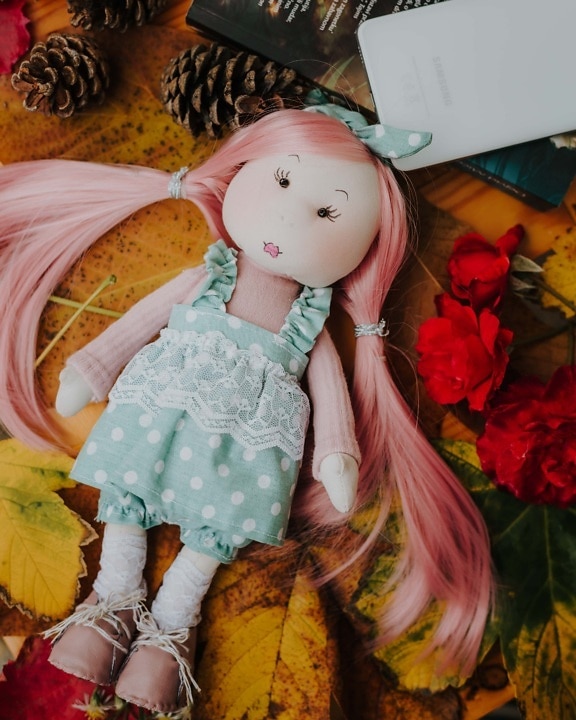 rambut, merah muda, boneka, mewah, model tahun, hadiah, mainan, pengaturan, tradisional, daun