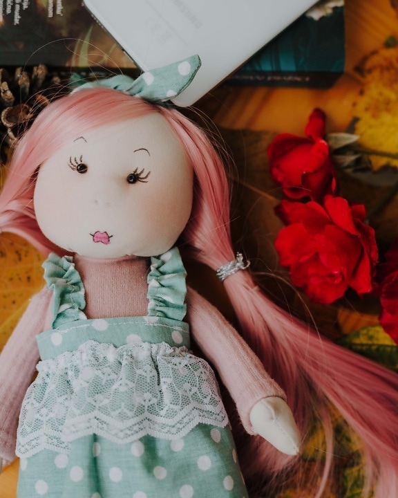 penteado, rosado, boneca, pelúcia, vintage, brinquedo, tradicional, vestido, rosa, cara