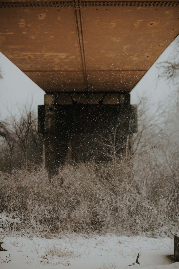 underneath, bridge, shelter, snow, snowstorm, snowflakes, bad weather, winter, nature, cold