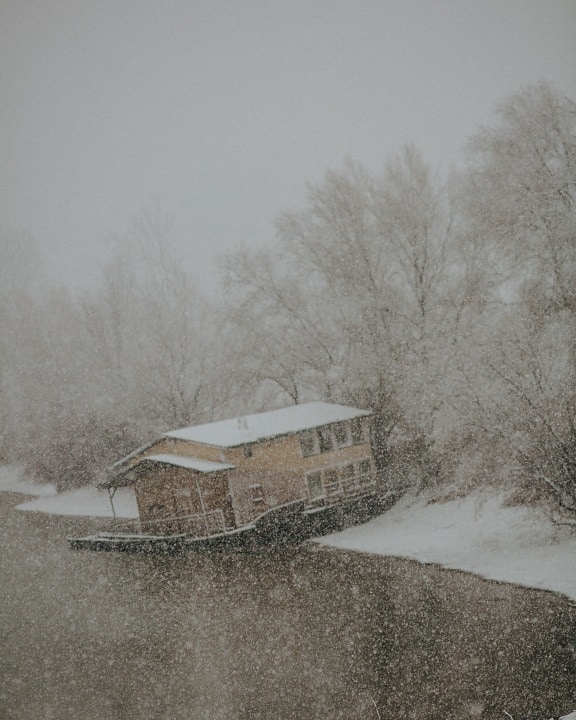 snowstorm, bad weather, snowy, landscape, lakeside, house, snowflakes, cottage, frozen, snow