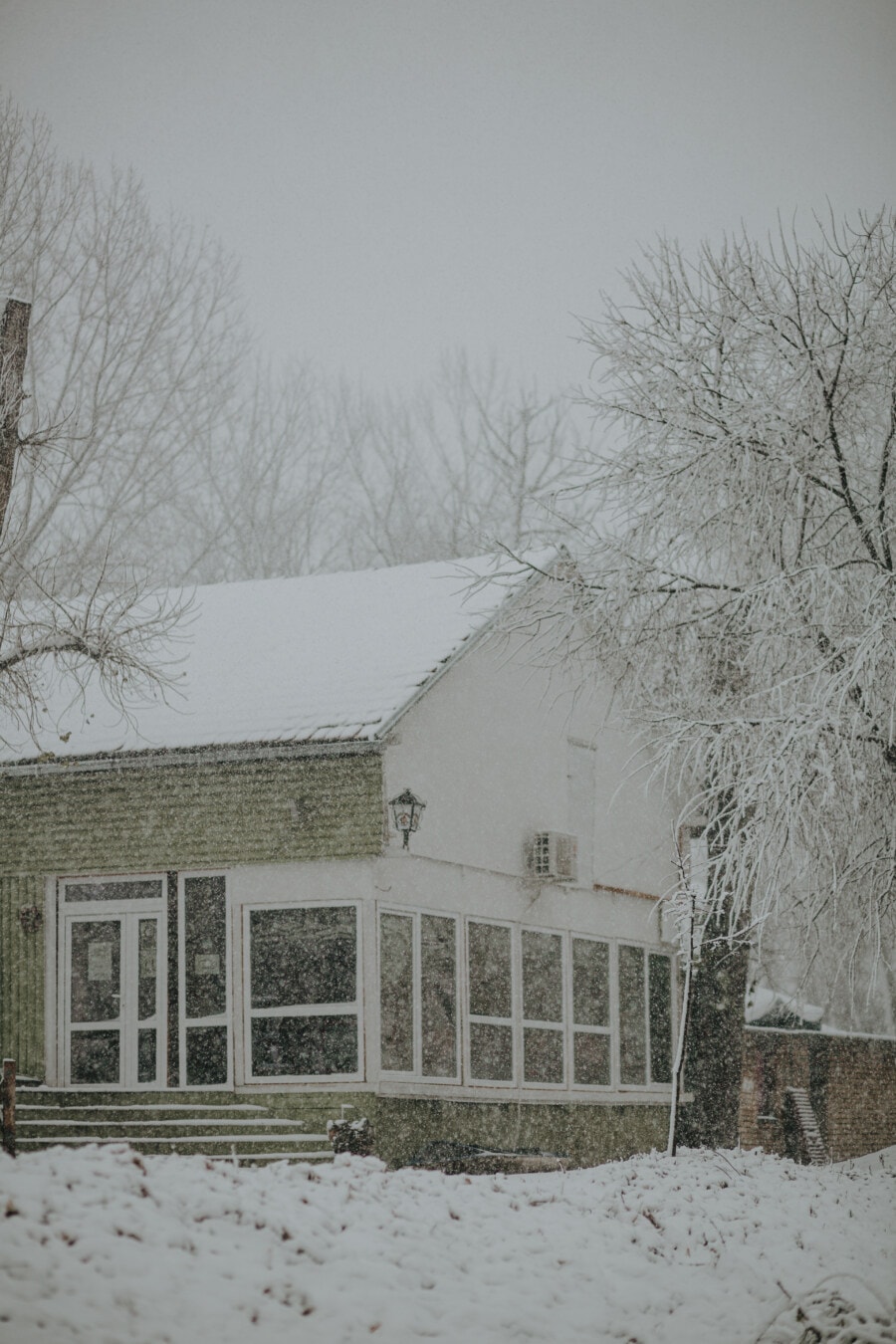 countryside, snow, winter, house, snowflakes, barn, building, cold, frost, tree
