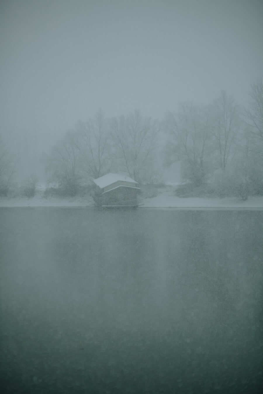 snowstorm, snowflakes, frosty, cold water, lakeside, bad weather, mist, landscape, winter, fog