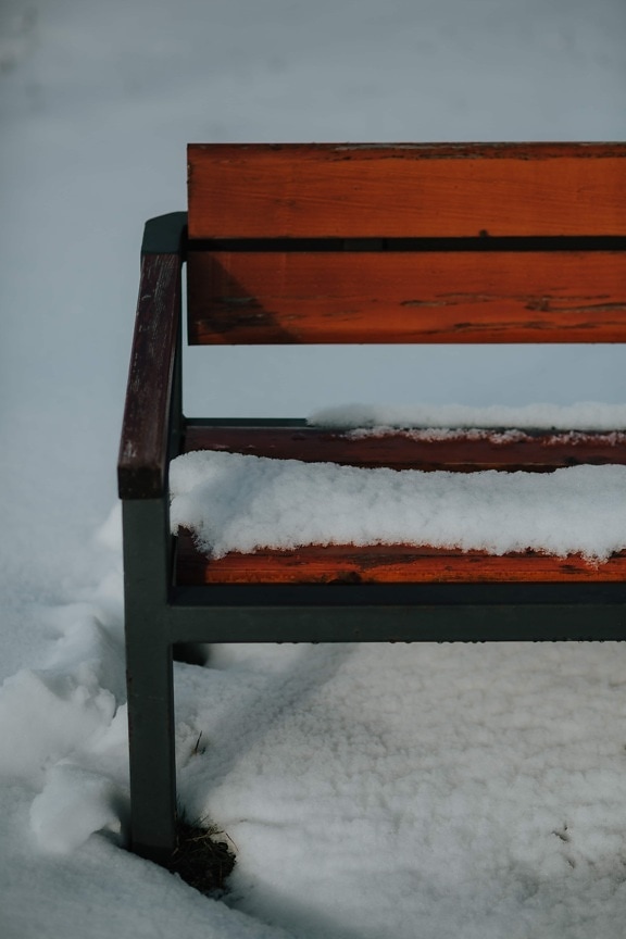 wooden, bench, frosty, frost, snow, snowflakes, winter, outdoors, empty, furniture