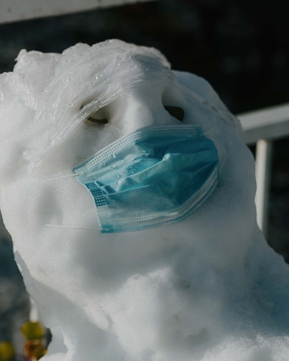 sneeuwpop, hoofd, COVID-19, gezichtsmasker, vorstost, grappig, bevroren, plastic zak, koude, masker