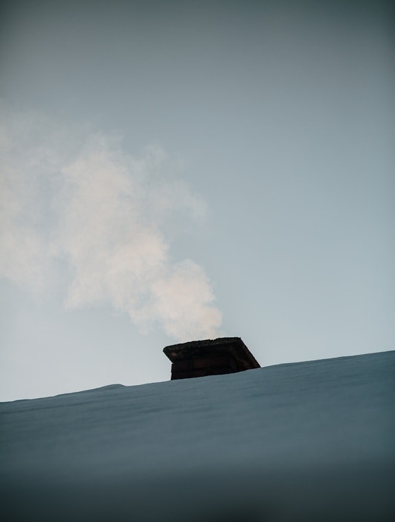 chimney, smoke, rooftop, snow, roof, winter, cold, outdoors, clouds, atmosphere
