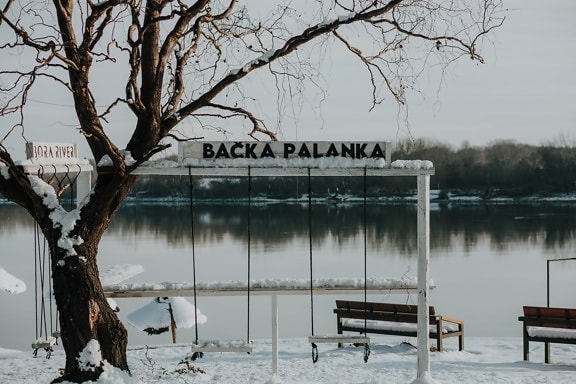 riverbank, winter, snowy, park, swing, bench, landscape, weather, cold, snow