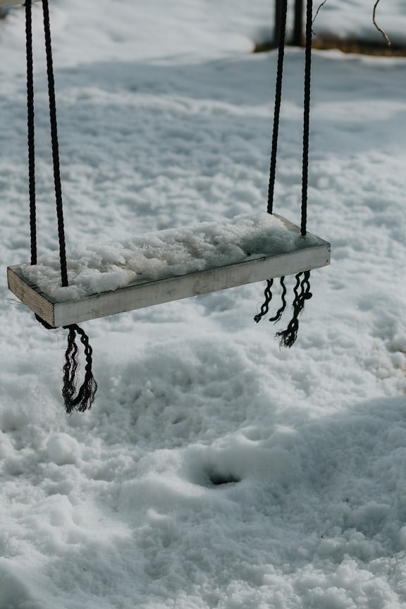 swing, appeso, in legno, vintage, neve, congelati, gelo, freddo, inverno, corda