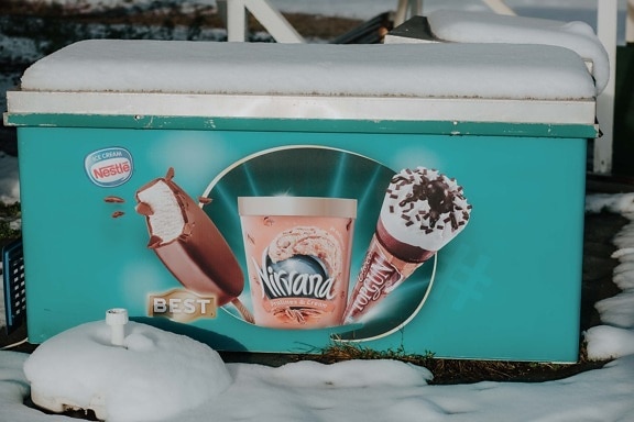 sorvete, congelador, geada, congelado, nevado, ao ar livre, neve, publicidade, contêiner, retrô