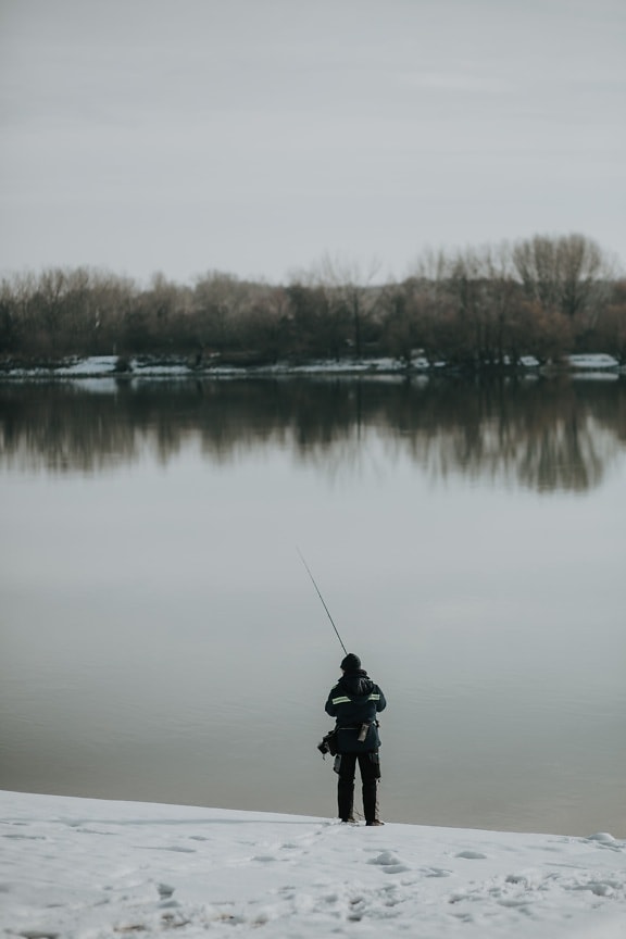 winter, riverbank, fishing, snowy, fisherman, snow, water, lake, landscape, cold