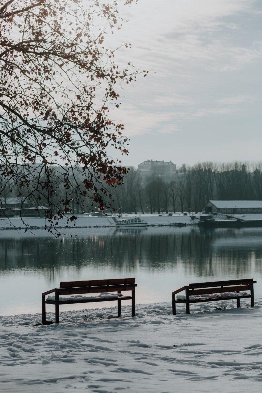 winter, riverbank, landscape, shore, seat, snow, water, lakeside, lake, bench