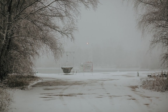 冬, 吹雪, 道路, 雪が降る, 霧, 雪, ミスト, 霧, 天気, 冷