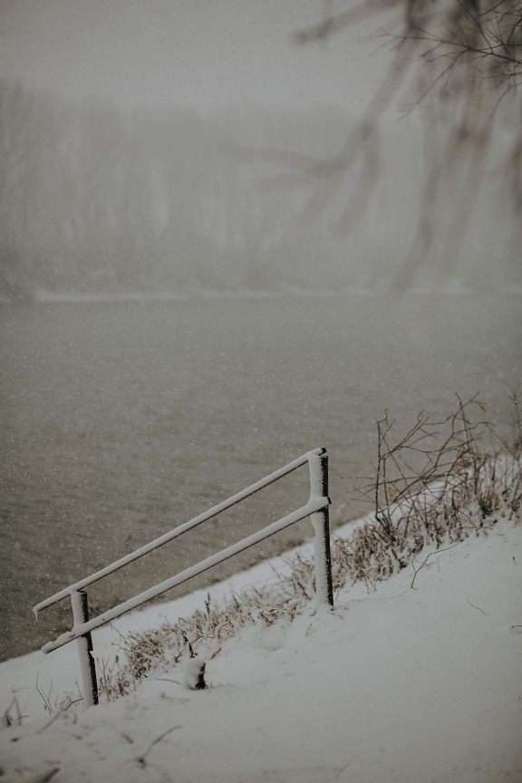 snowflake, snowflakes, snowstorm, riverbank, winter, cold water, frozen, fence, fog, cold