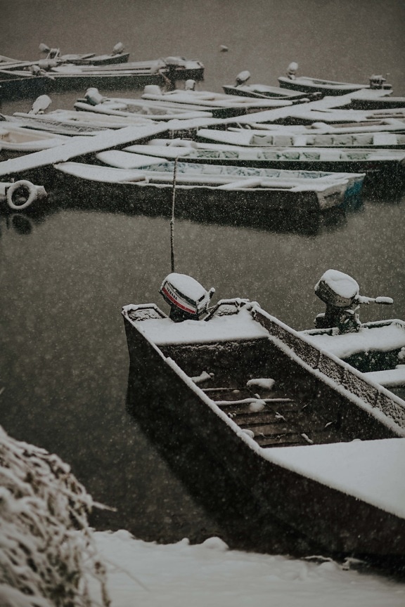 rivierboot, boten, sneeuwstorm, haven, Winter, besneeuwde, water, voertuig, waterscooters, storm