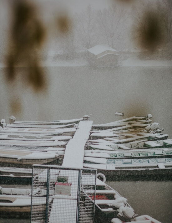 snowstorm, bad weather, boats, snow, snowflakes, lakeside, harbour, winter, landscape, outdoors