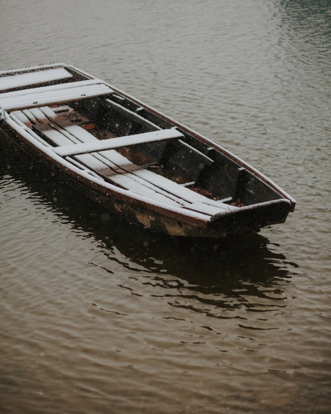 wooden, boat, snow, snowflakes, cold water, winter, craft, water, watercraft, river