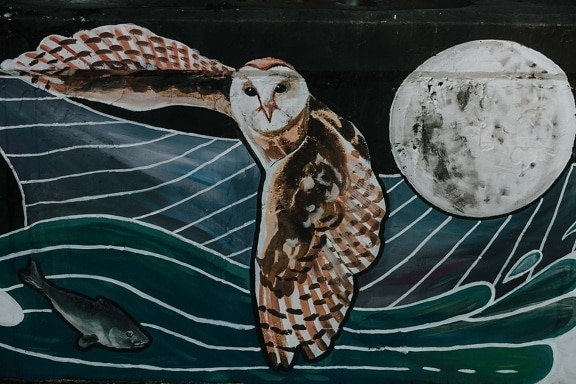 uccello, al chiaro di luna, gufo, illustrazione, vernice, visivo, opera d'arte, graffiti, arte, artistico