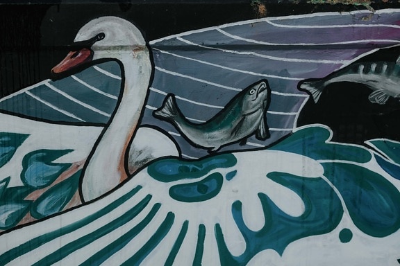 fish, artwork, mural, animals, swan, graffiti, decoration, art, painting, illustration