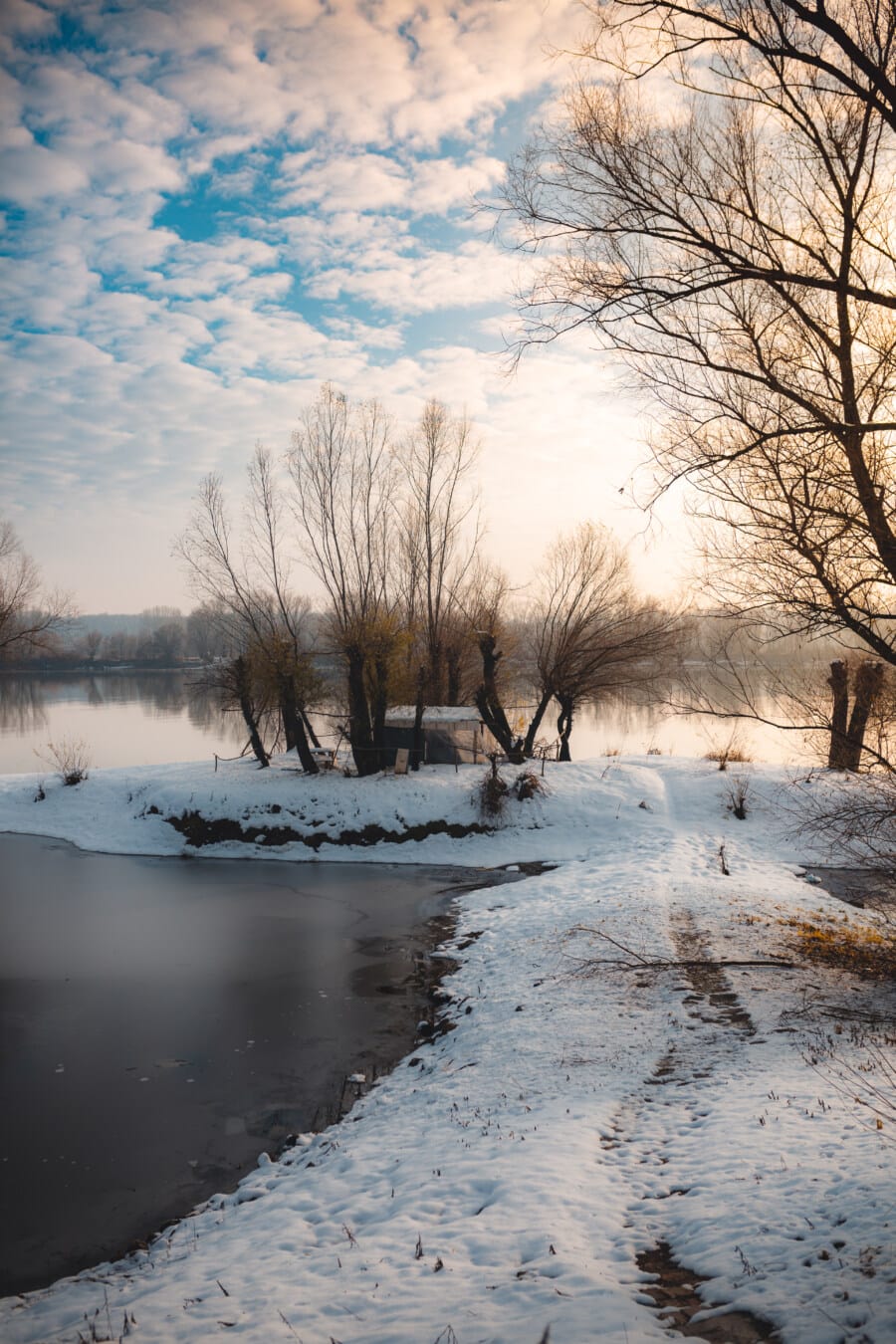 sunny, lakeside, winter, frozen, ice water, cold water, cold, snow, weather, landscape
