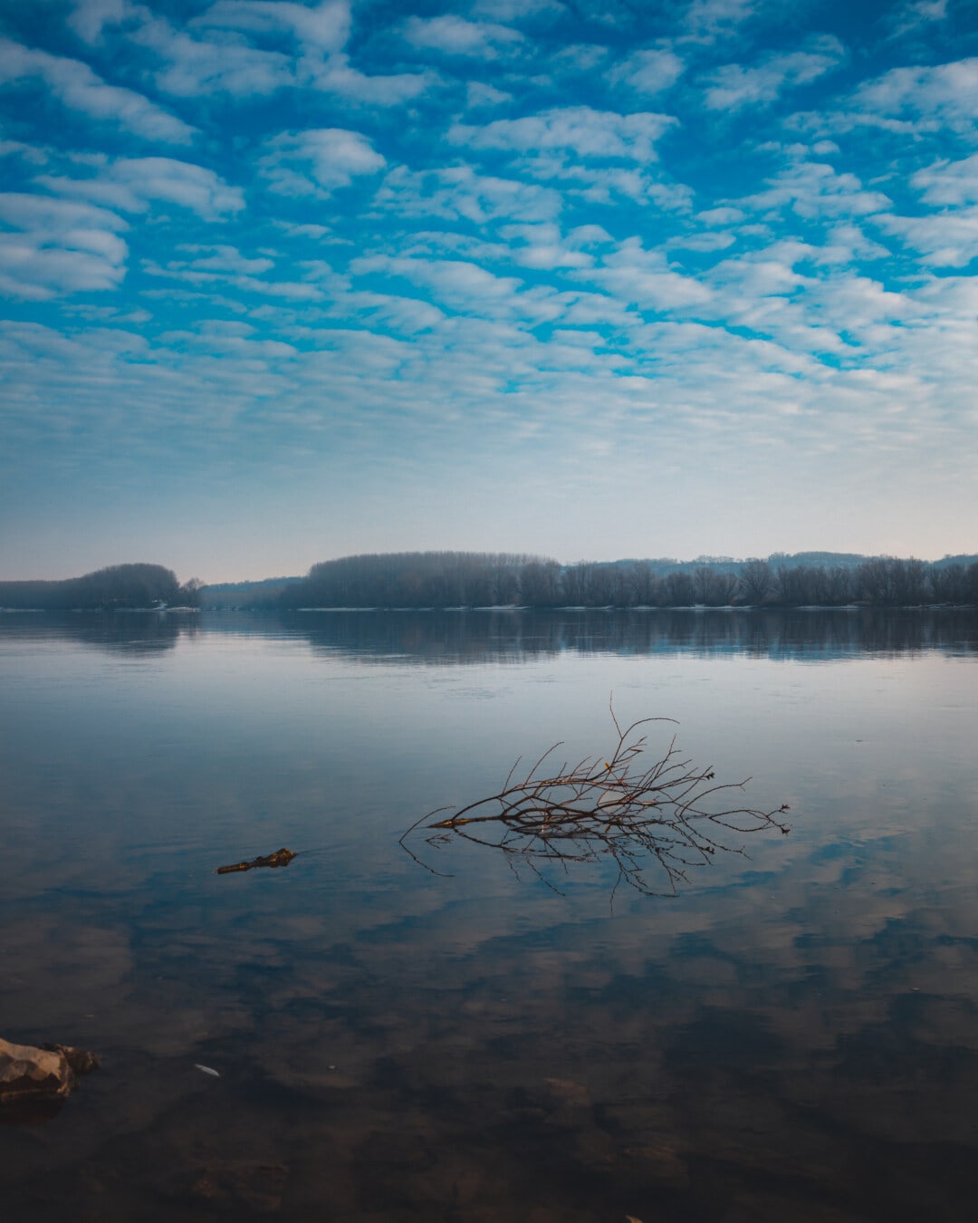 dark blue, blue sky, cloudiness, lakeside, cloudy, water level, driftwood, lake, landscape, water