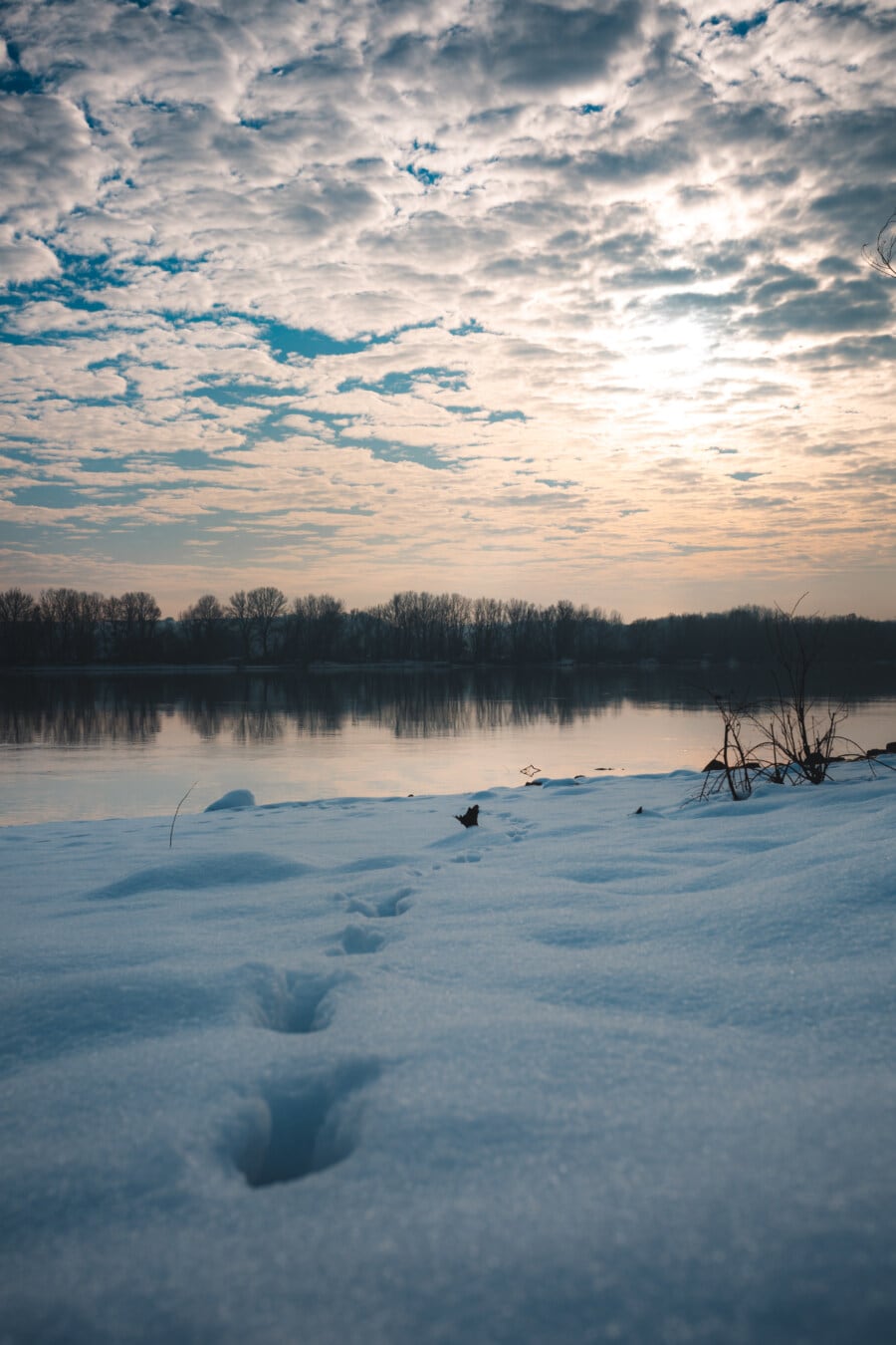 footpath, footprint, river, winter, landscape, water, forest, snow, lake, sunset