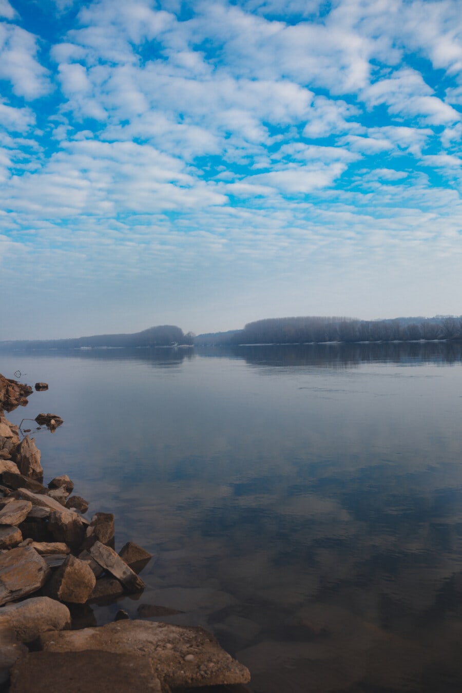 riverbank, blue sky, cloudiness, rocky river, nature, water, landscape, lake, dawn, summer