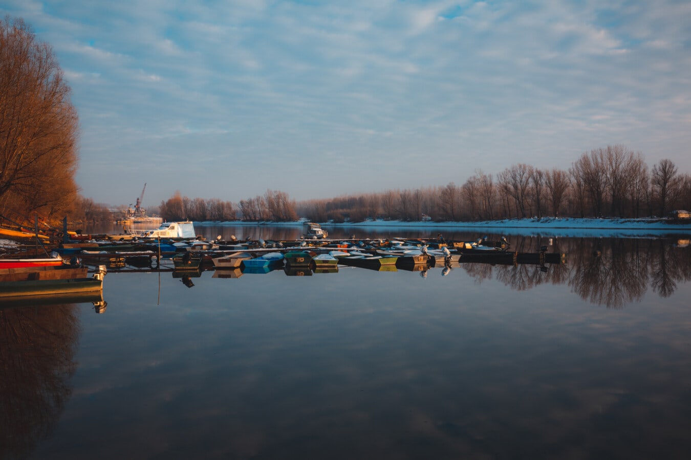 harbour, dusk, lakeside, winter, fair weather, waterfront, lake, water, river, reflection